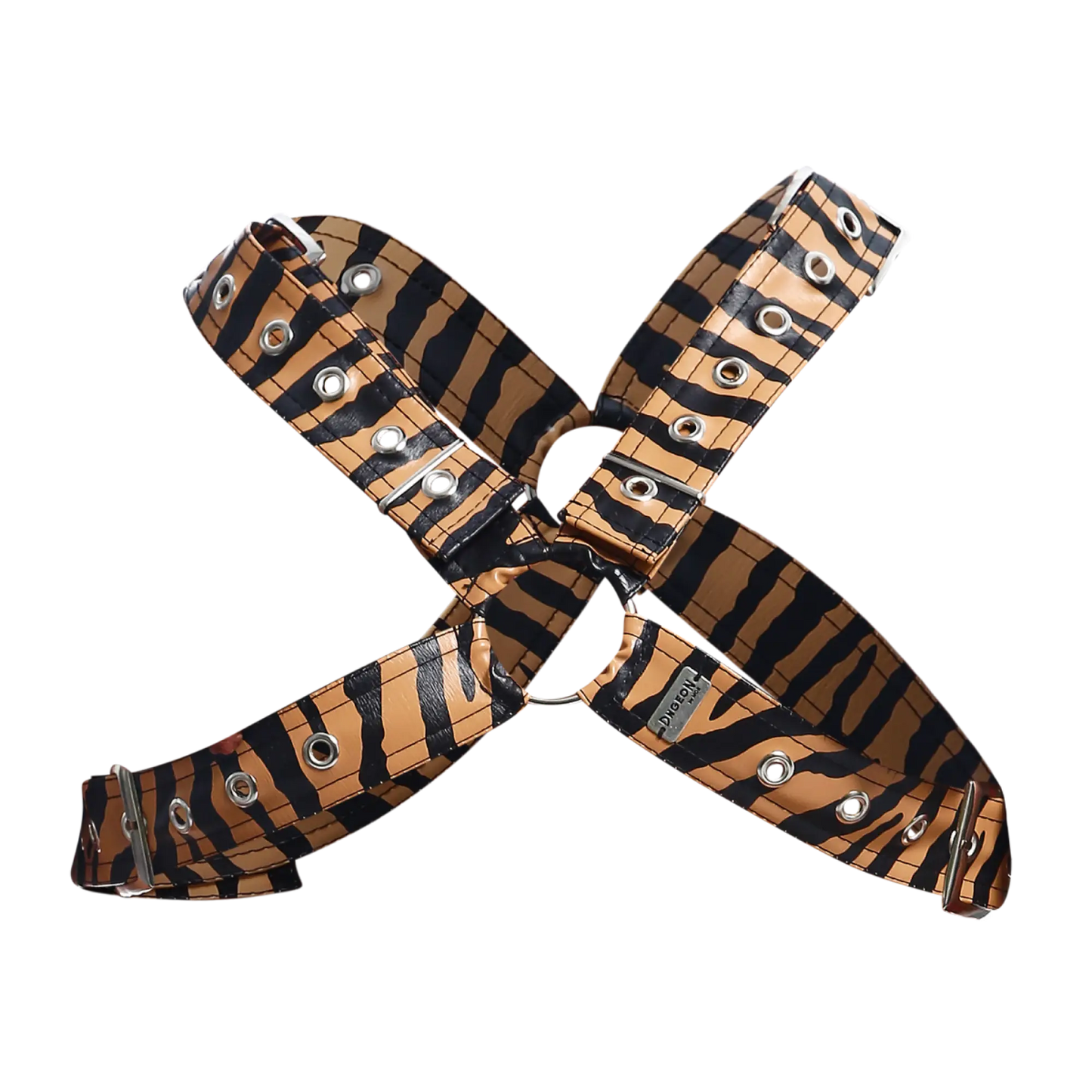Dngeon classic cross harness tiger-striped leather with silver-toned metal hardware and eyelets front view