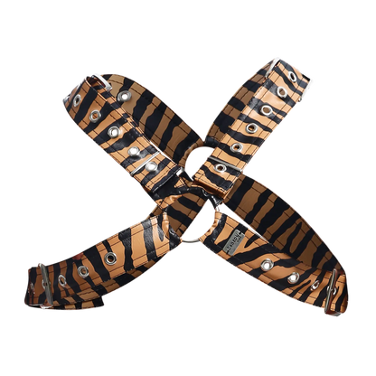 Dngeon classic cross harness tiger-striped leather with silver-toned metal hardware and eyelets front view