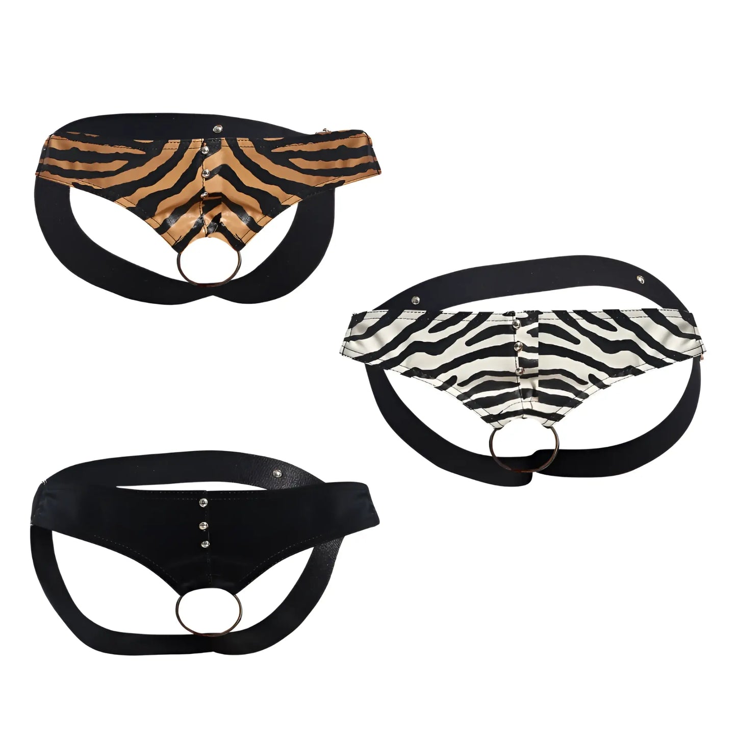 Black faux leather dngeon cockring jockstrap with harness style, central ring, and silver studs