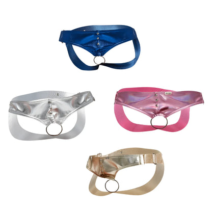 Shiny metallic Dngeon cockring jockstraps in blue silver pink and gold with central rings and adjustable straps