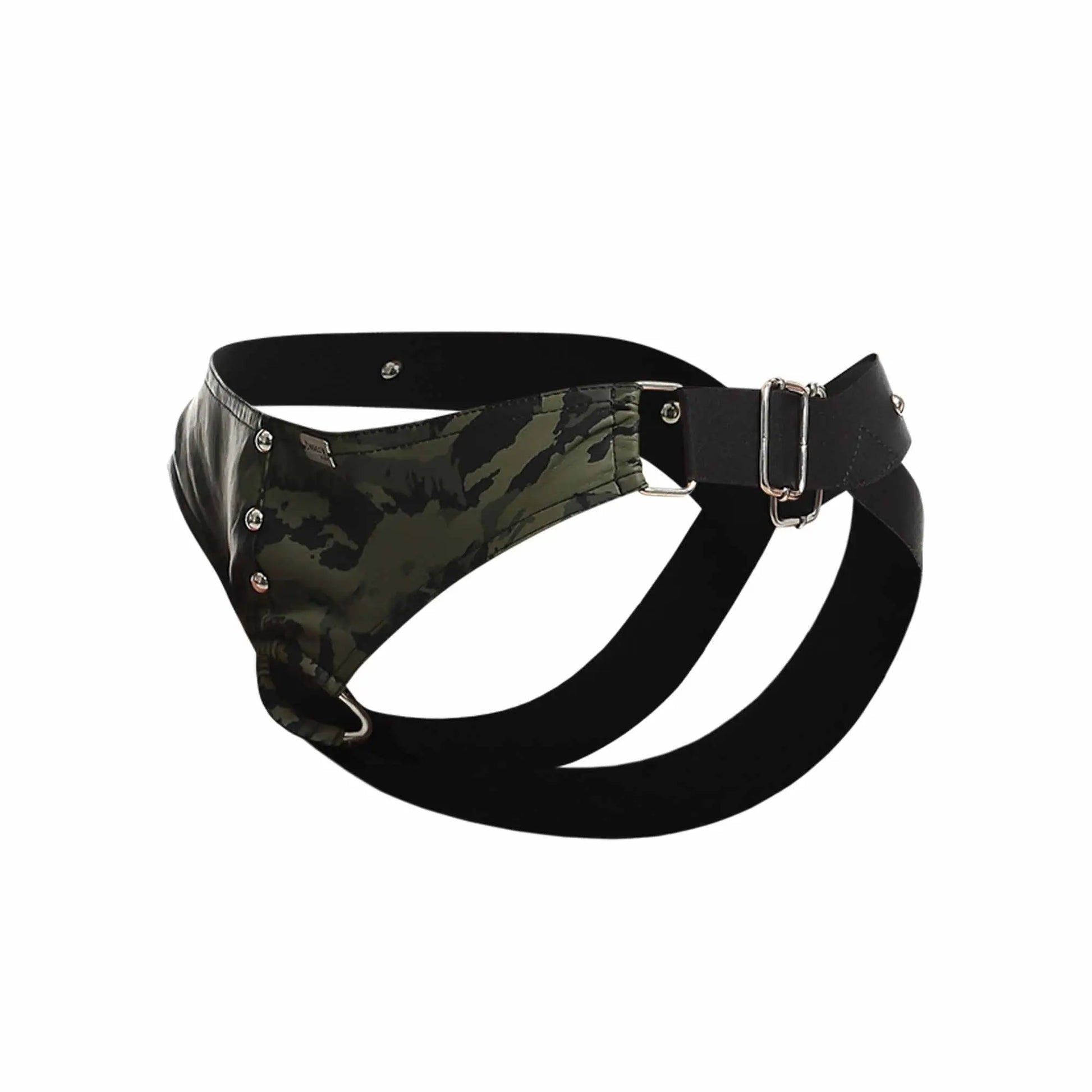 Black and green camouflage leather harness with silver metal buckle for Dungeon cockring jockstrap new colors collection
