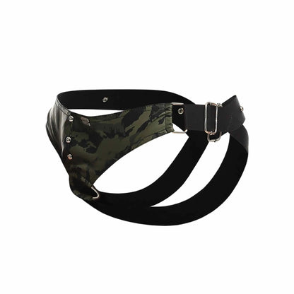 Black and green camouflage leather harness with silver metal buckle for Dungeon cockring jockstrap new colors collection