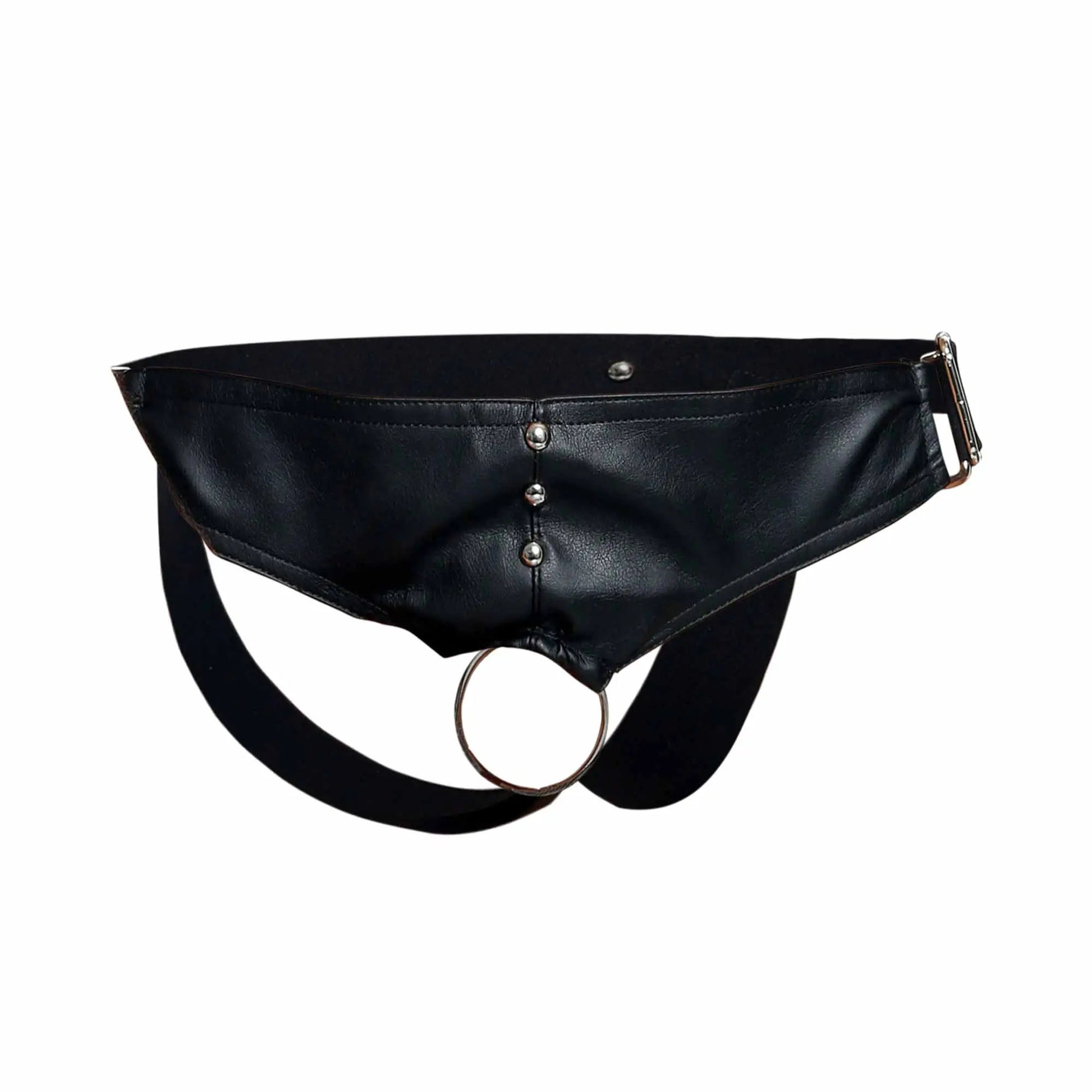 Black leather Dngeon cockring jockstrap with silver-toned metal ring and buckle in new colors