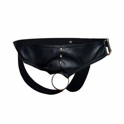 Black leather Dngeon cockring jockstrap with silver-toned metal ring and buckle in new colors