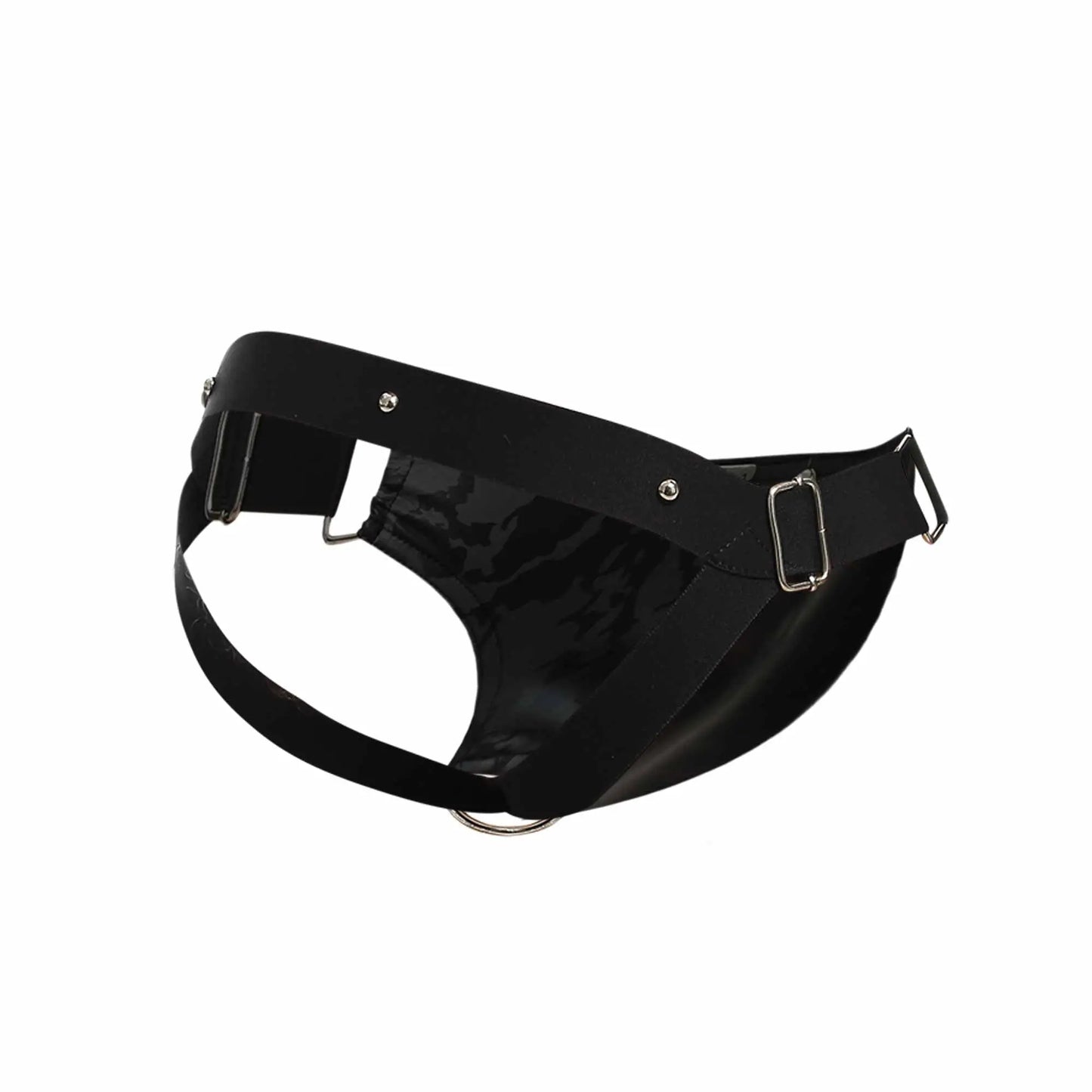 Black patent leather Dngeon cockring jockstrap with silver metal buckles and central ring in new colors