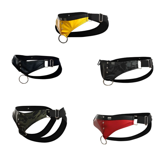 Black and yellow leather dngeon cockring jockstrap with metal buckle and ring in new colors shown from the back side