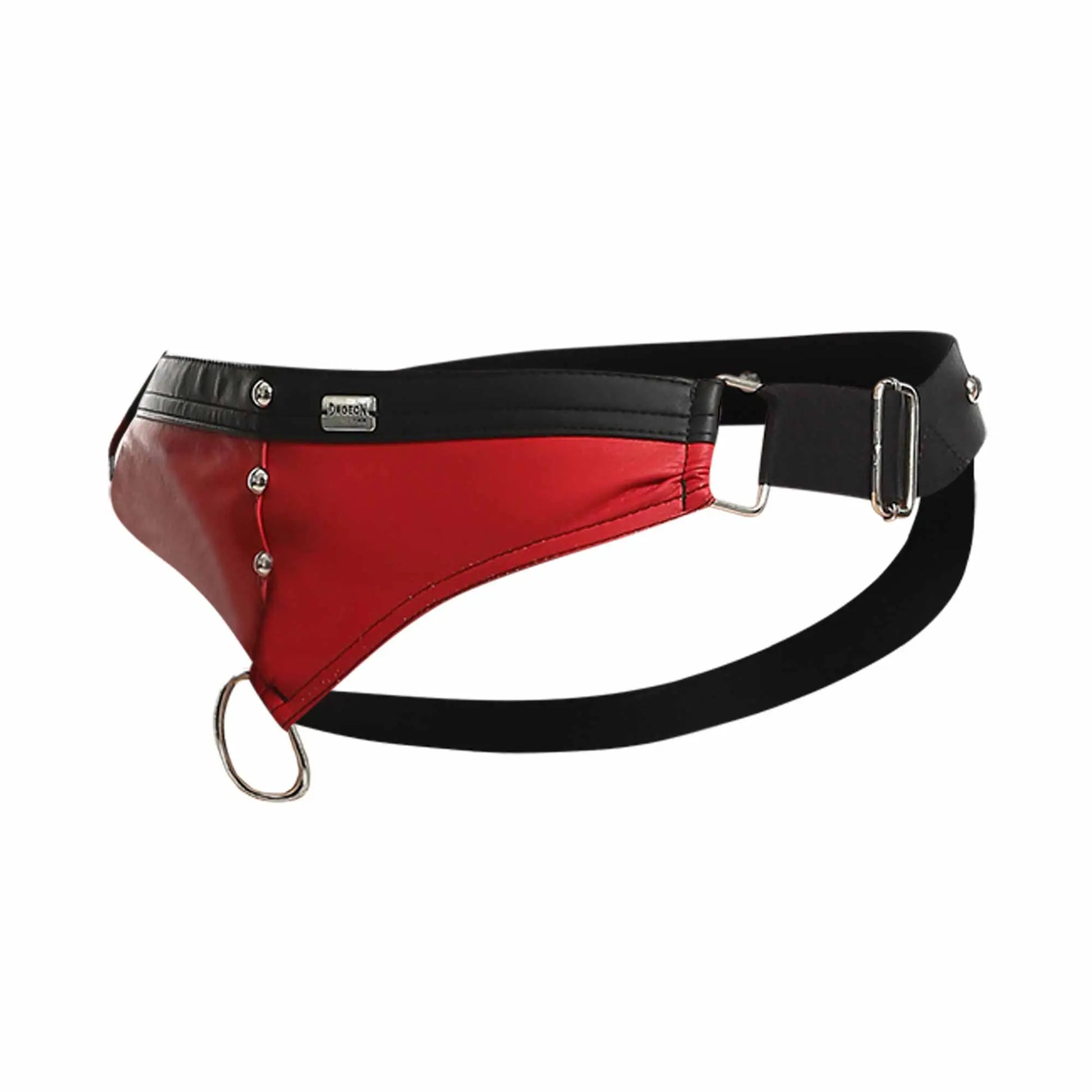 Red and black leather thong belt with silver hardware featured in Dngeon cockring jockstrap new colors collection