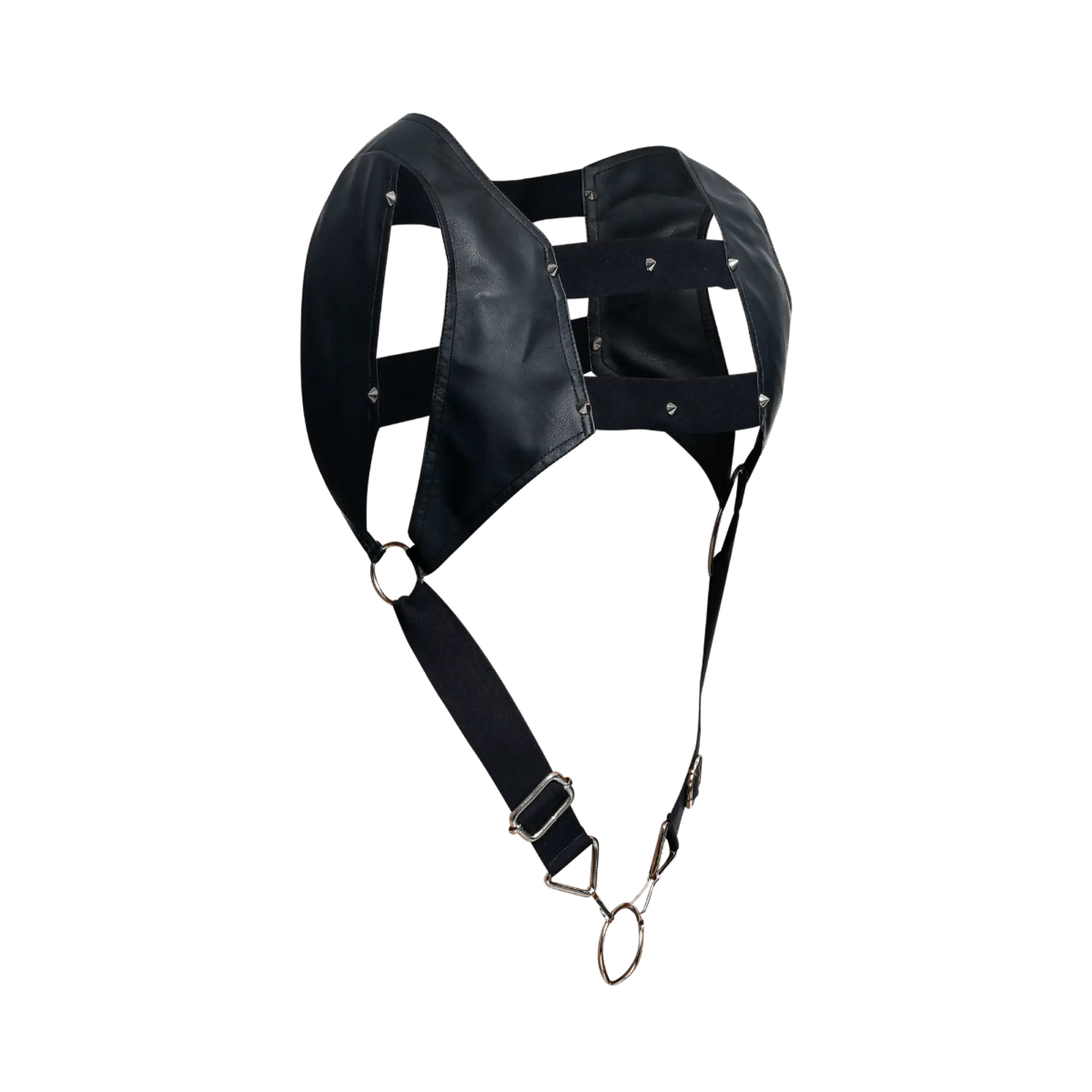 DnGeon croptop harness black leather headpiece with metal hardware and adjustable straps shown from the back side