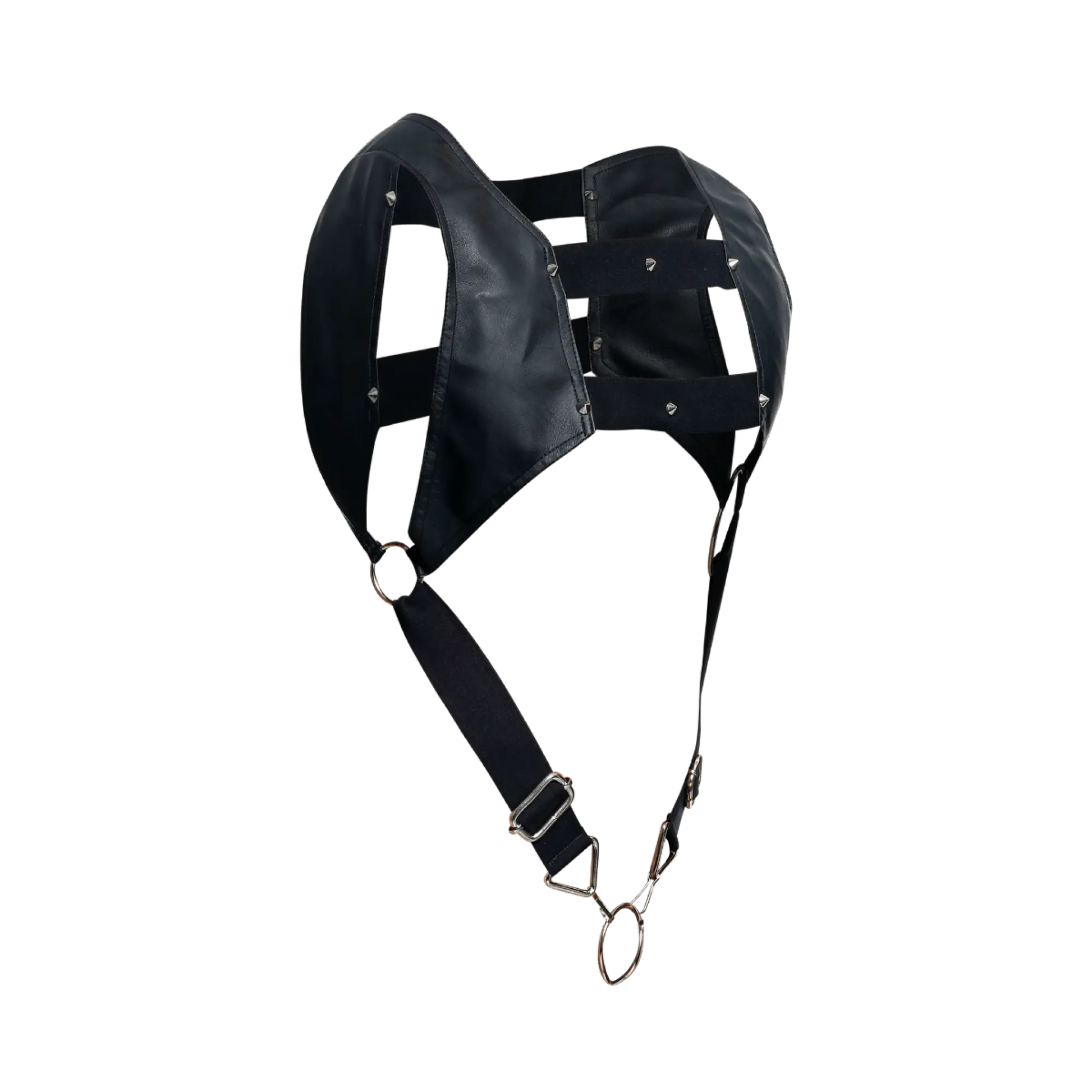 DnGeon croptop harness black leather headpiece with metal hardware and adjustable straps shown from the back side