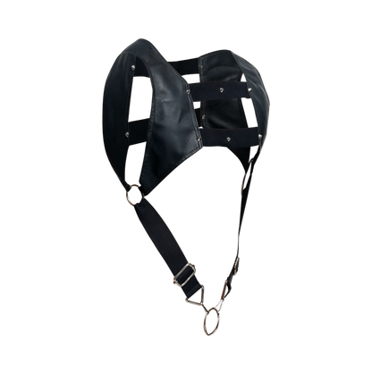 DnGeon croptop harness black leather headpiece with metal hardware and adjustable straps shown from the back side