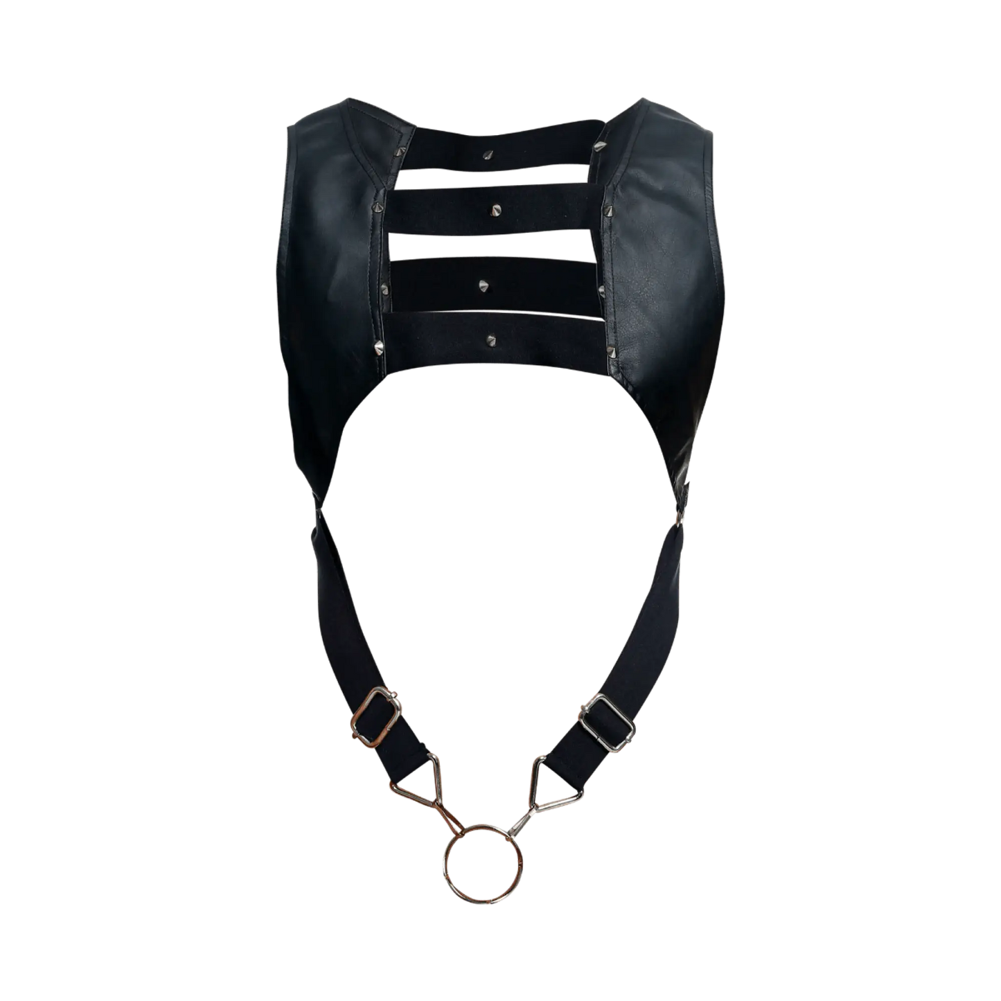 Dngeon croptop harness black leather with metallic hardware and central ring for edgy fashion styling