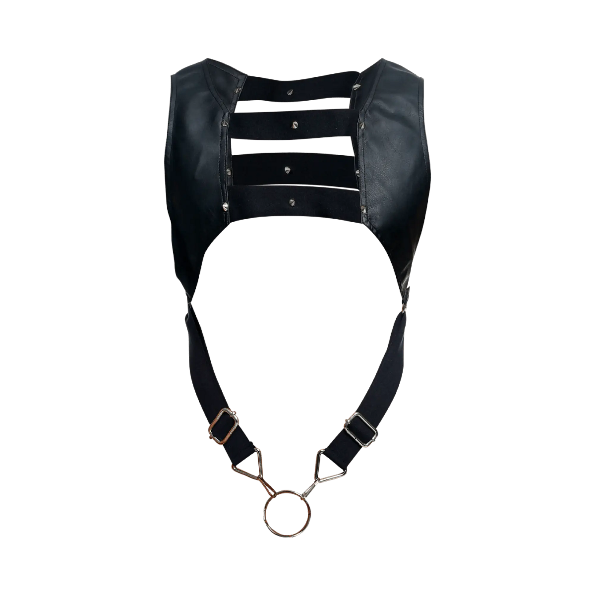 Dngeon croptop harness black leather with metallic hardware and central ring for edgy fashion styling