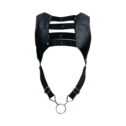 Dngeon croptop harness black leather with metallic hardware and central ring for edgy fashion styling