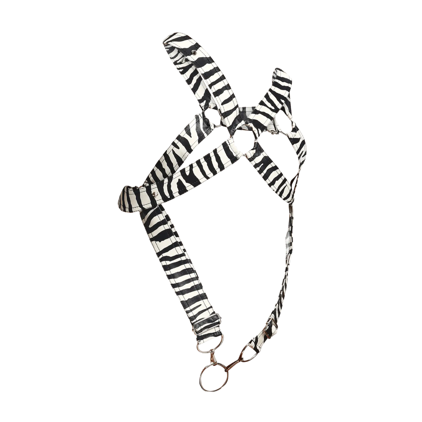 Black and white zebra-striped fabric dog harness with metal hardware from dngeon cross c-ring harness animal series