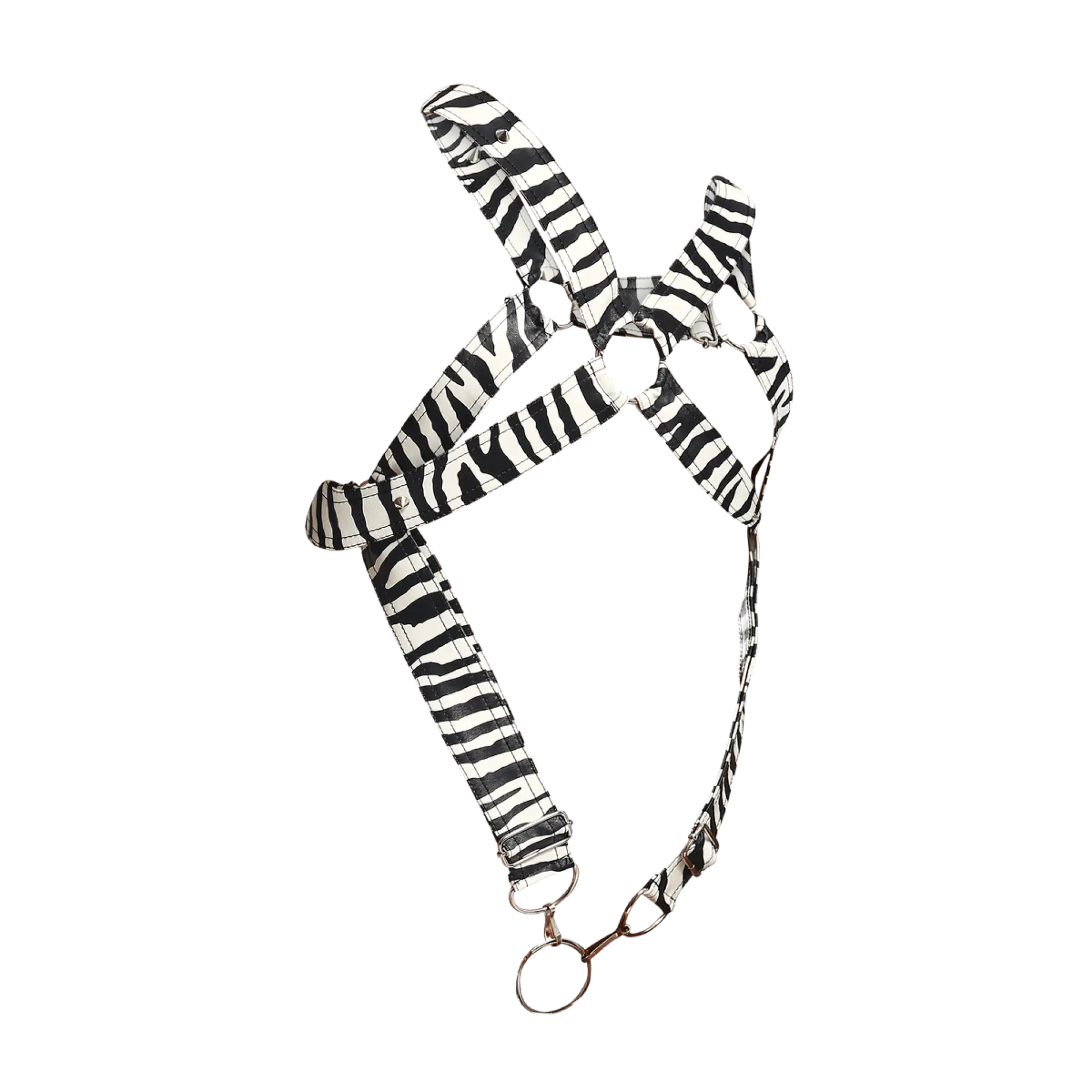 Black and white zebra-striped fabric dog harness with metal hardware from dngeon cross c-ring harness animal series