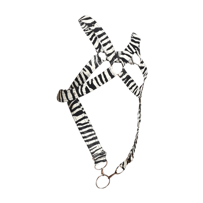 Black and white zebra-striped fabric dog harness with metal hardware from dngeon cross c-ring harness animal series