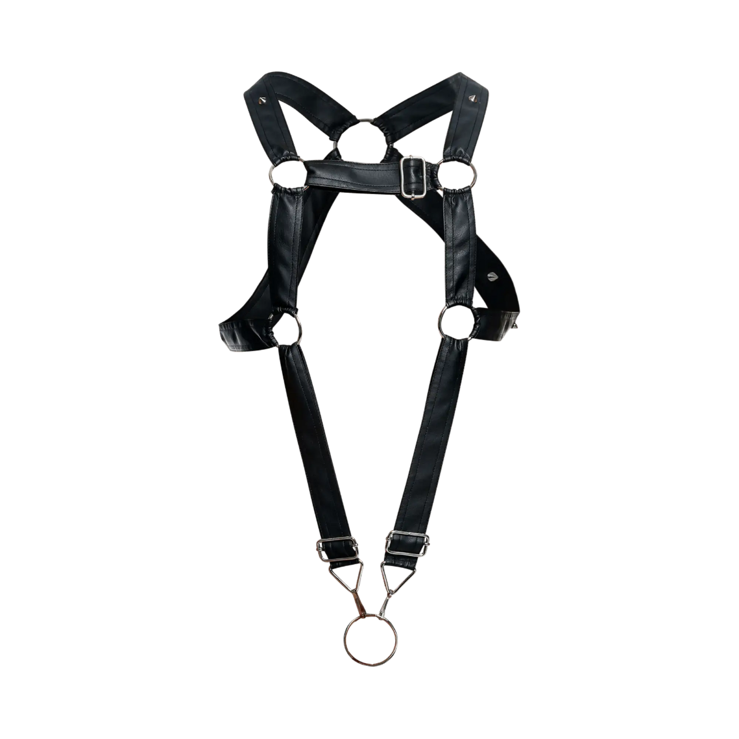 Black leather DNGEON Cross C-ring harness with silver metal buckles and d-rings for adjustable fit