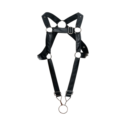 Black leather DNGEON Cross C-ring harness with silver metal buckles and d-rings for adjustable fit