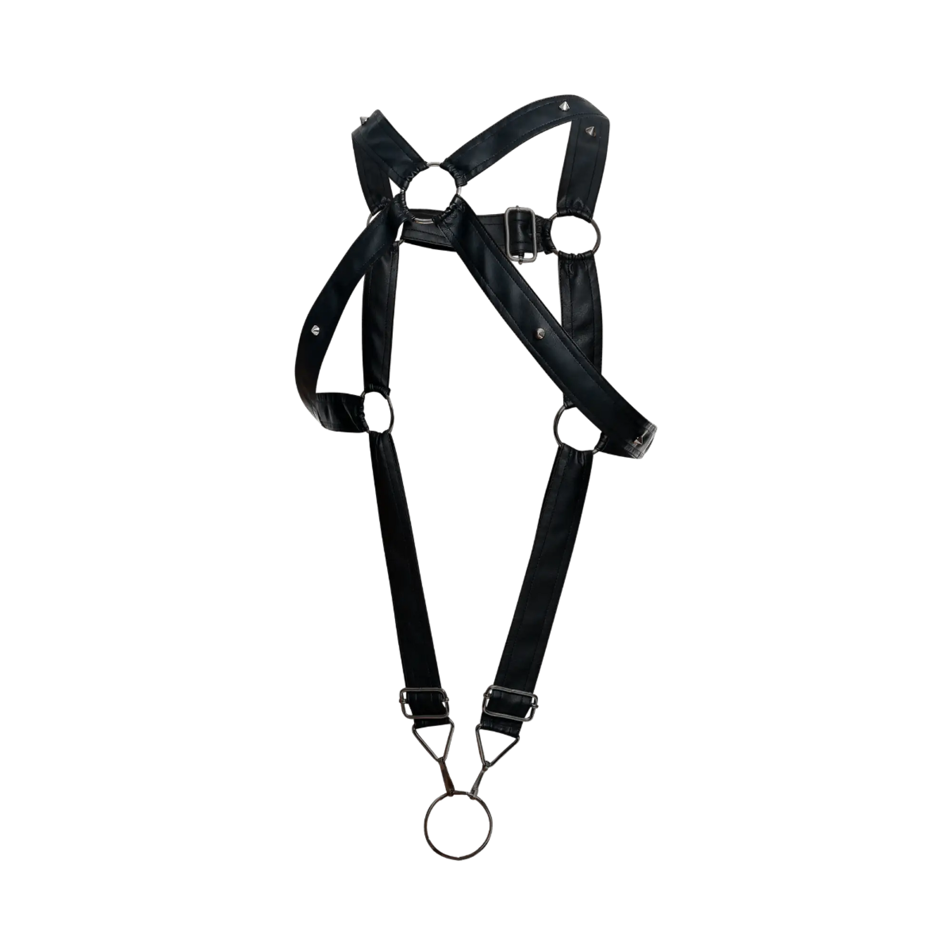 Dngeon cross c-ring harness black leather with silver metal hardware and adjustable straps shown from the back side