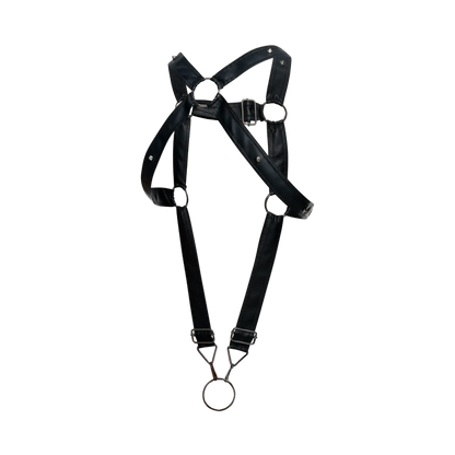 Dngeon cross c-ring harness black leather with silver metal hardware and adjustable straps shown from the back side