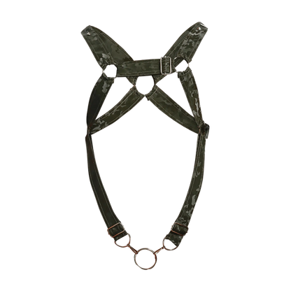 Dngeon cross c ring harness camo dark green camouflage horse harness with metallic buckles and central ring