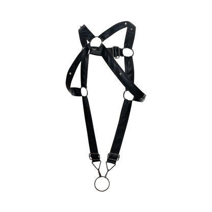 Black leather DNGEON cross C-ring harness with silver metal hardware and adjustable straps shown from the back side