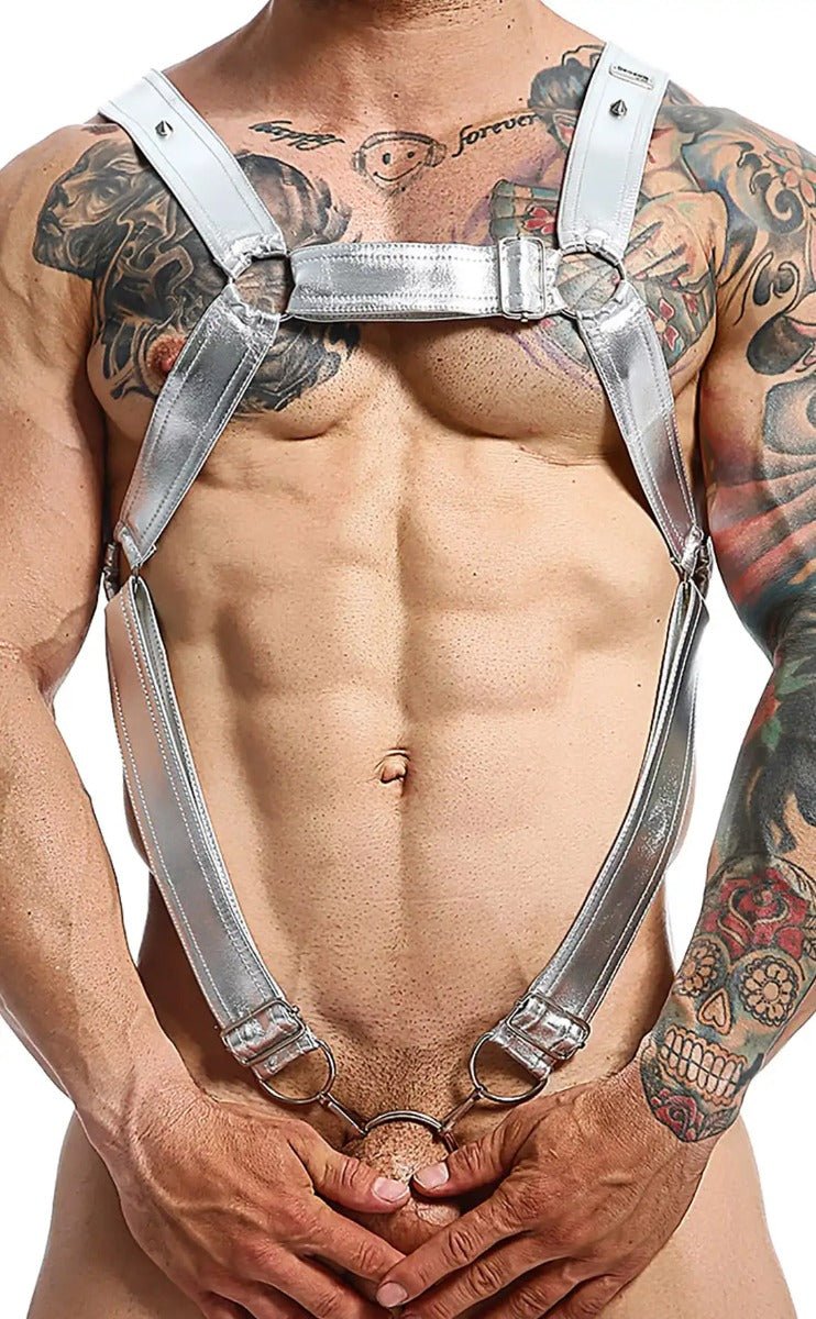 Silver metallic DNGEON Cross C-ring harness with adjustable straps and metal rings for versatile wear