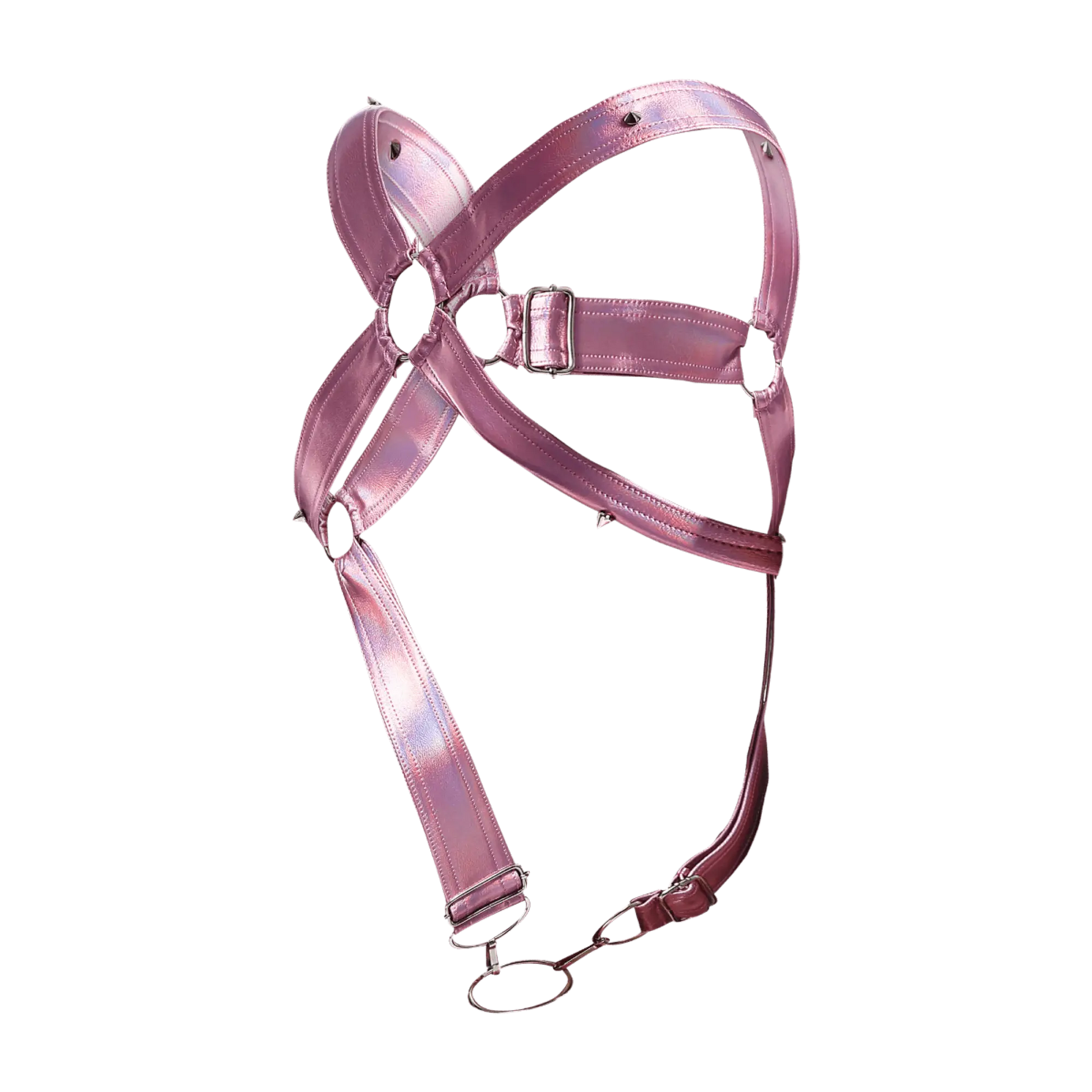 Pink holographic leather horse halter with metal buckle and ring attachments from dngeon cross c-ring harness mirror