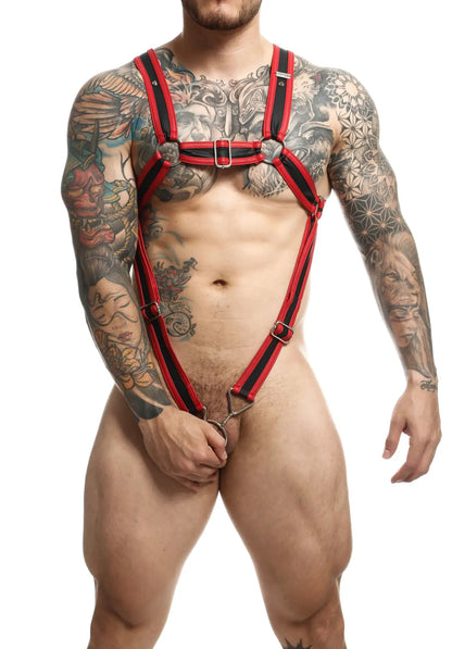 Dngeon cross c-ring harness in red and black leather with silver metal buckles shown from the back side