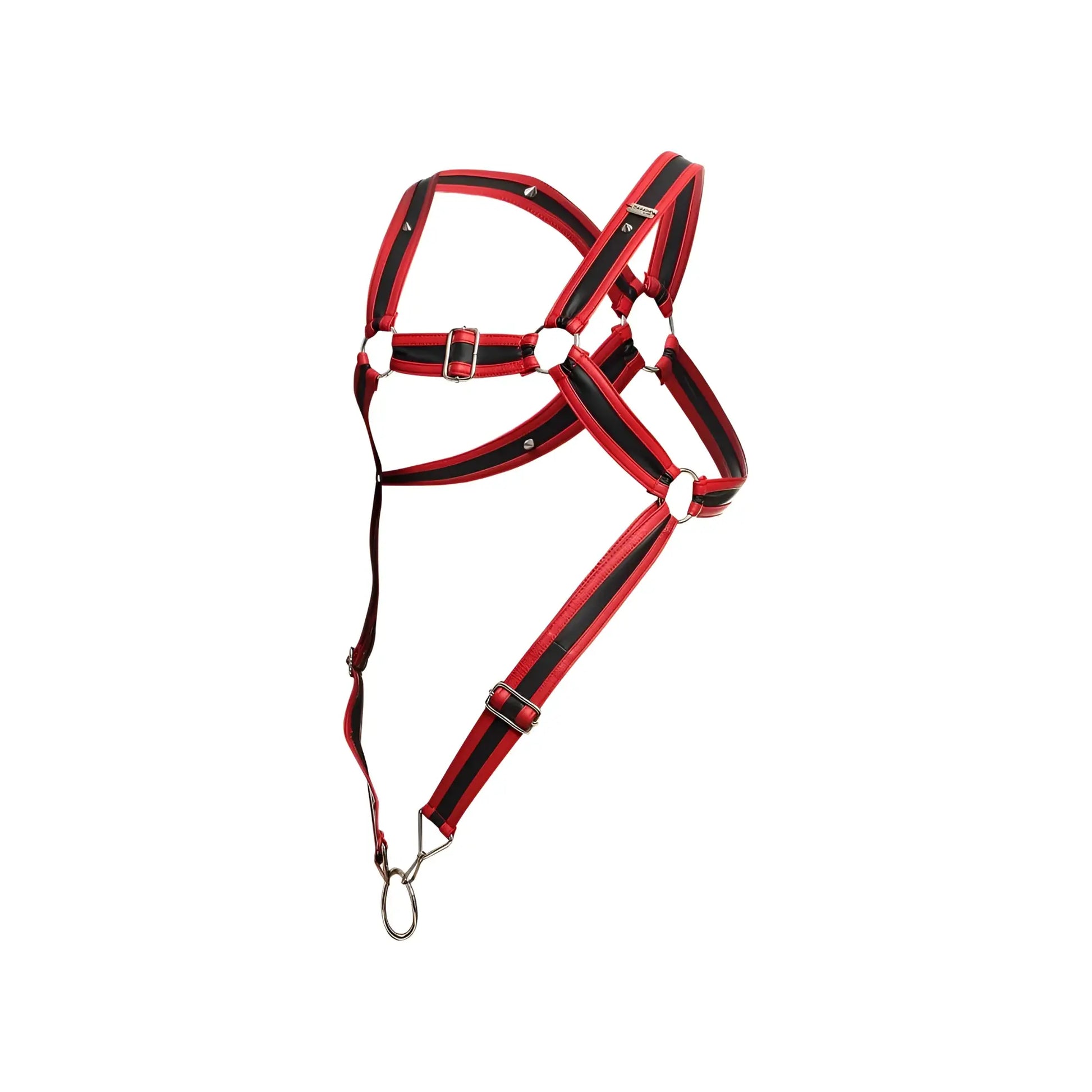 Dngeon cross c-ring harness red and black striped leather horse halter with silver metal hardware