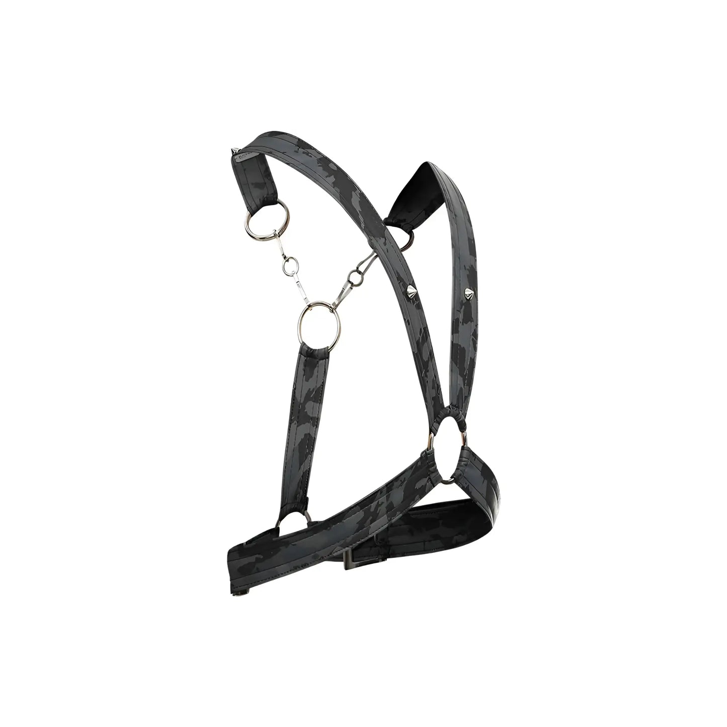 Dngeon cross chain harness in black camouflage with metallic rings and adjustable straps for secure fit