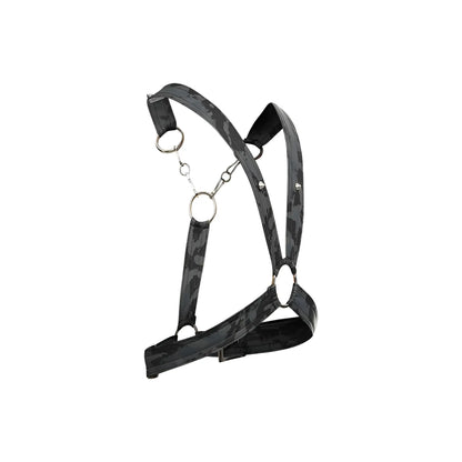 Dngeon cross chain harness in black camouflage with metallic rings and adjustable straps for secure fit