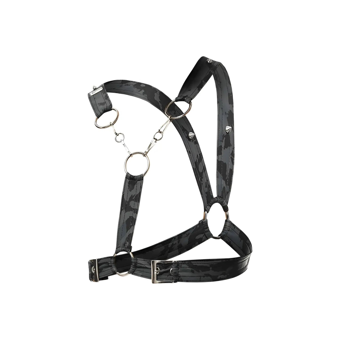Dngeon cross chain harness black camouflage pattern with silver metal rings and buckles for edgy styling