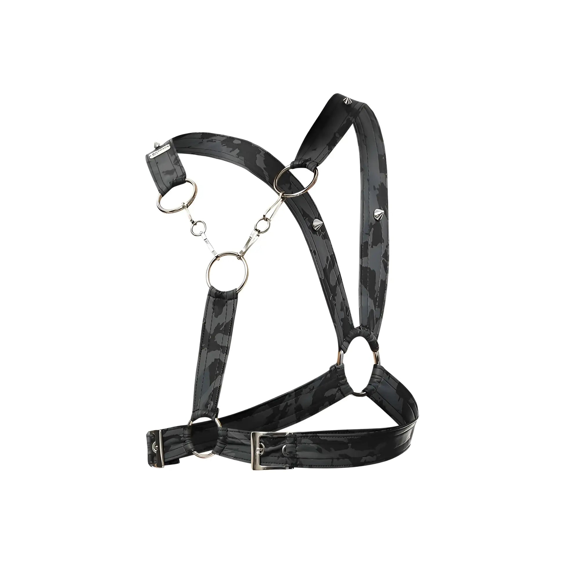 Dngeon cross chain harness black camouflage pattern with silver metal rings and buckles for edgy styling