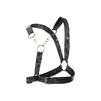 Dngeon cross chain harness black camouflage pattern with silver metal rings and buckles for edgy styling