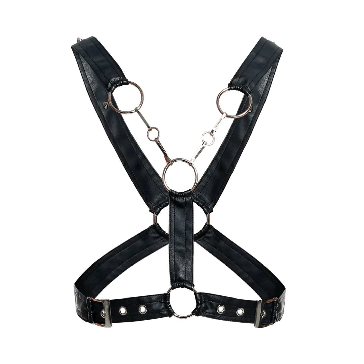 Black faux leather dngeon cross chain harness with silver metal rings and buckles showing front view
