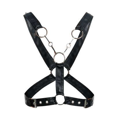 Black faux leather dngeon cross chain harness with silver metal rings and buckles showing front view