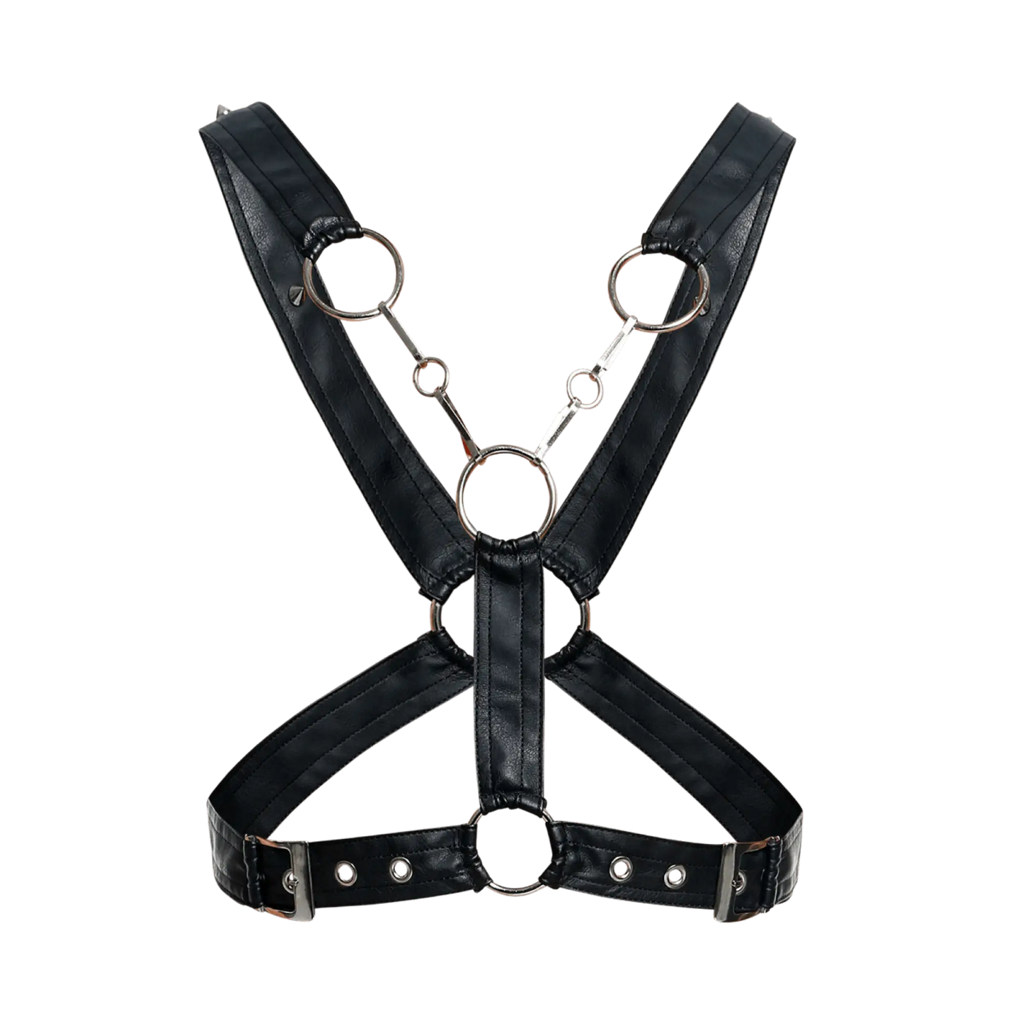 Black faux leather DNGEON cross chain harness with silver metal rings and buckles front view