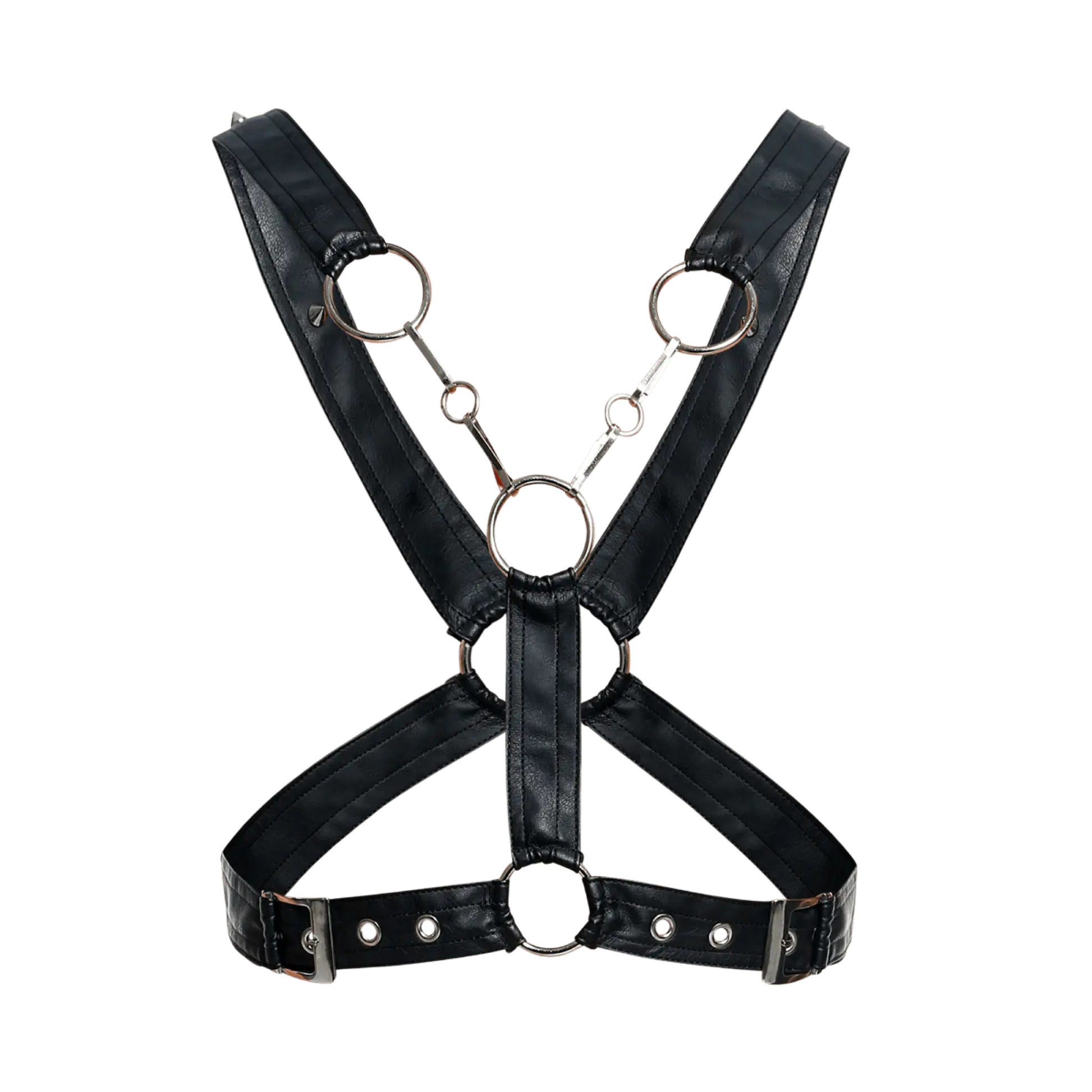Black faux leather DNGEON cross chain harness with silver metal rings and buckles front view