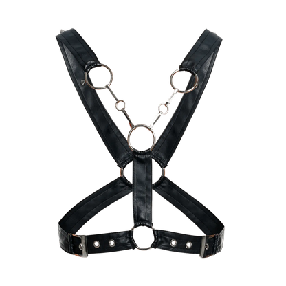 Black faux leather DNGEON cross chain harness with silver metal rings and buckles front view