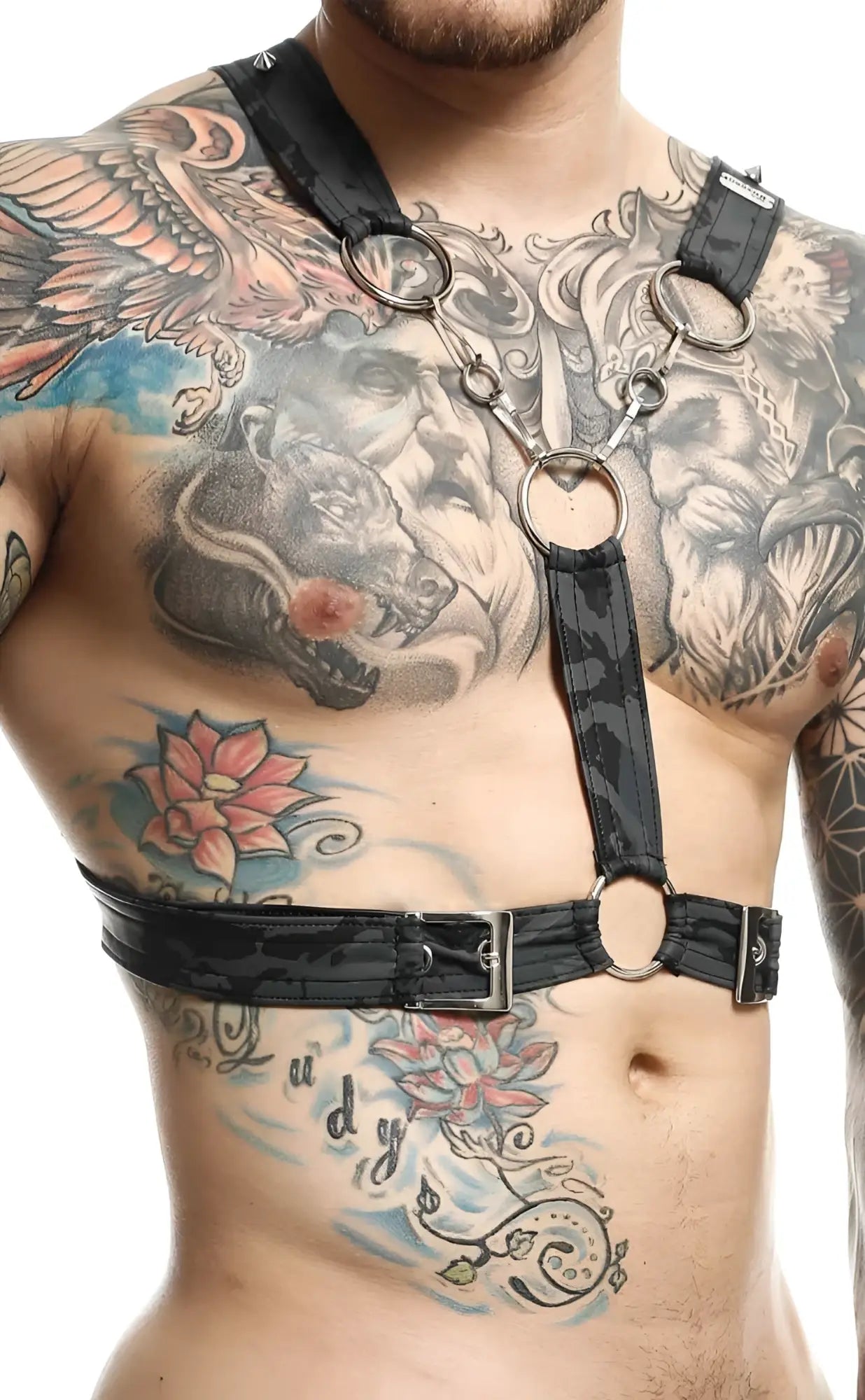 Dngeon cross chain harness black leather with silver metal rings and buckles for edgy fashion looks