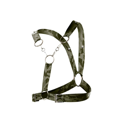 Dngeon cross chain harness in green camouflage leather with silver rings and studs for edgy fashion looks