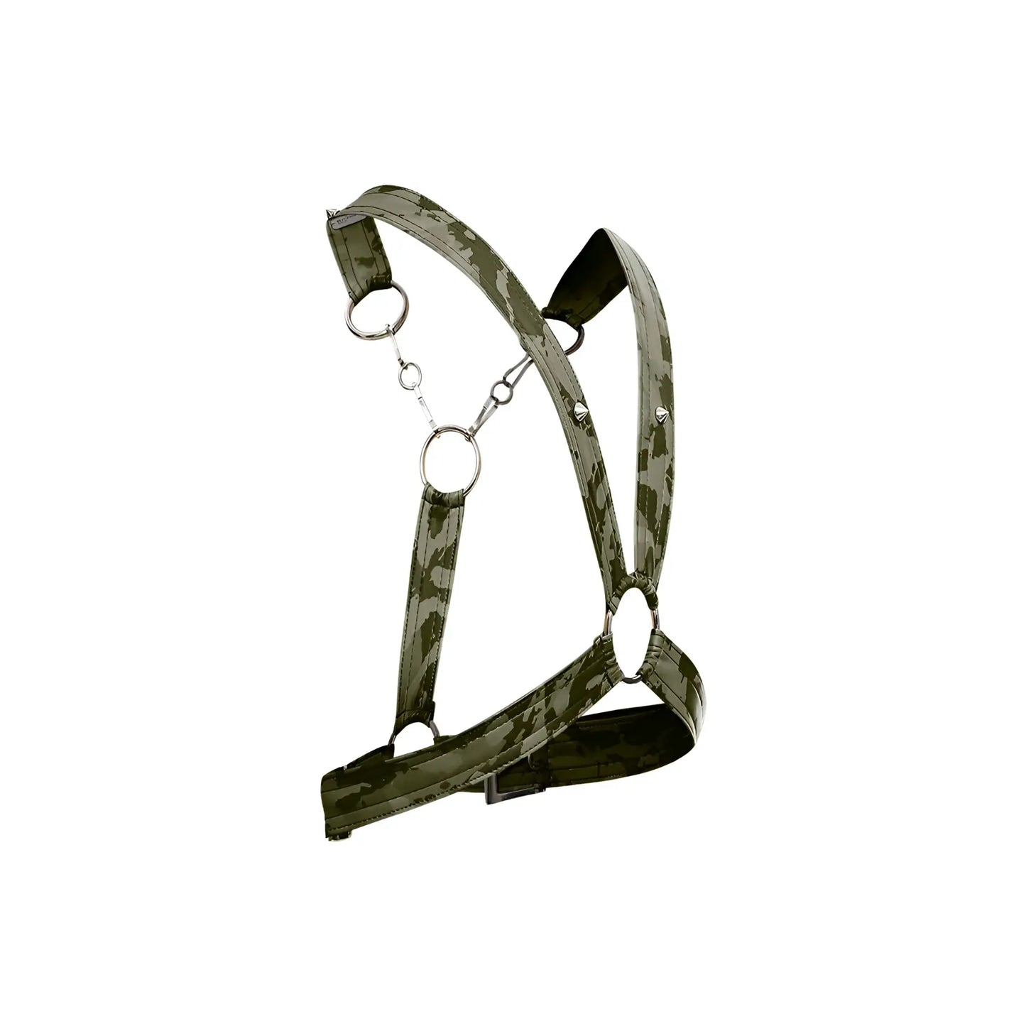Dngeon cross chain harness green camouflage patterned with metallic rings and buckle for adjustable fit
