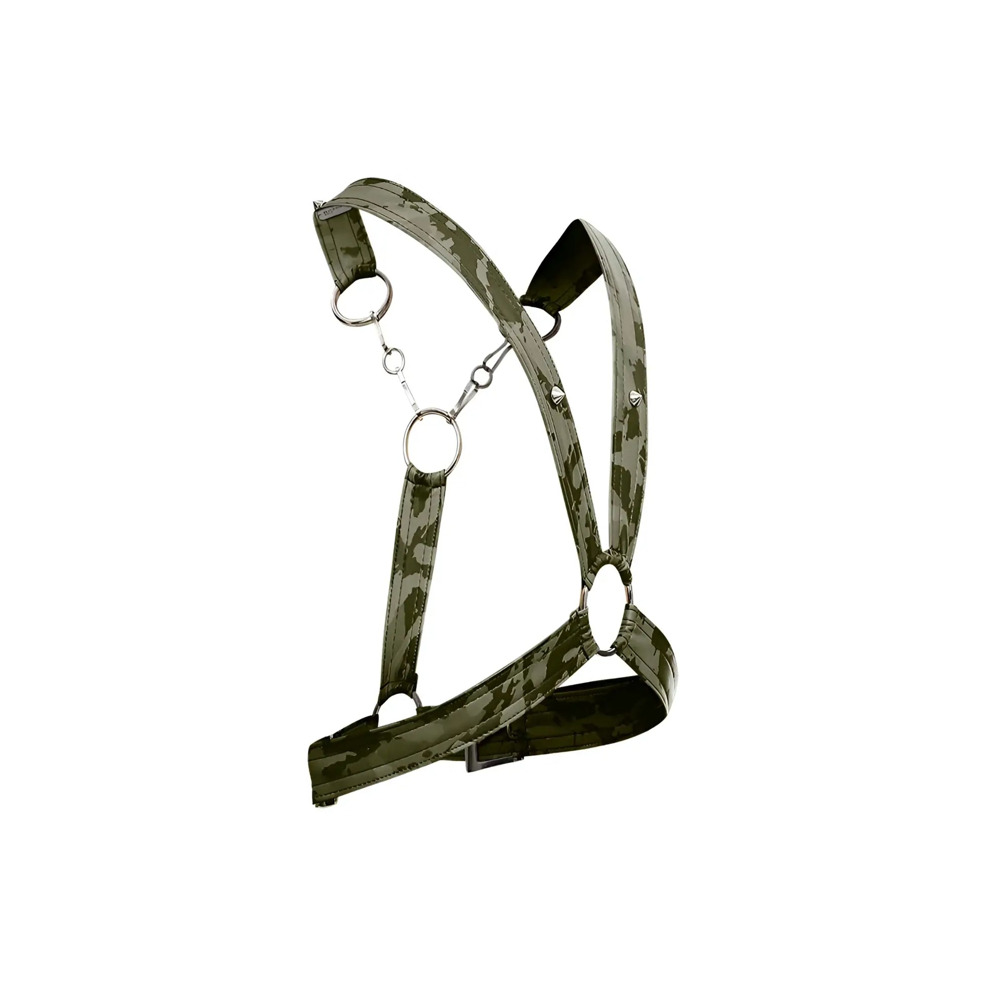 Dngeon cross chain harness green camouflage patterned with metallic rings and buckle for adjustable fit