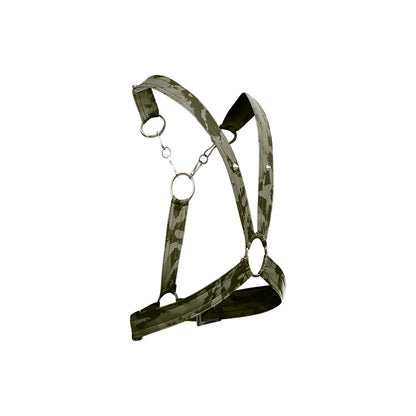 Dngeon cross chain harness green camouflage patterned with metallic rings and buckle for adjustable fit