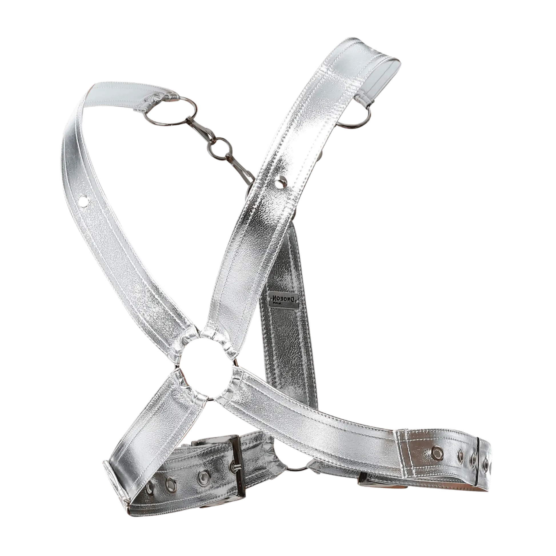 Silver metallic leather dngeon cross chain harness with adjustable straps and metal hardware for edgy fashion