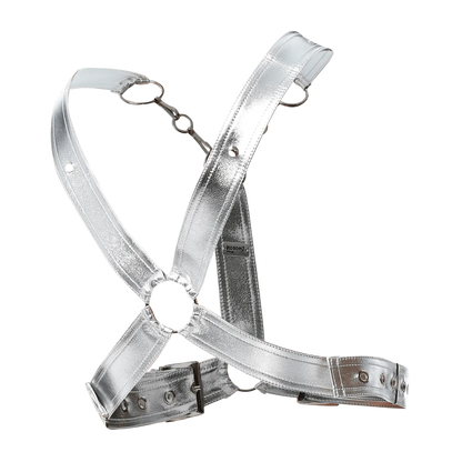 Silver metallic leather dngeon cross chain harness with adjustable straps and metal hardware for edgy fashion