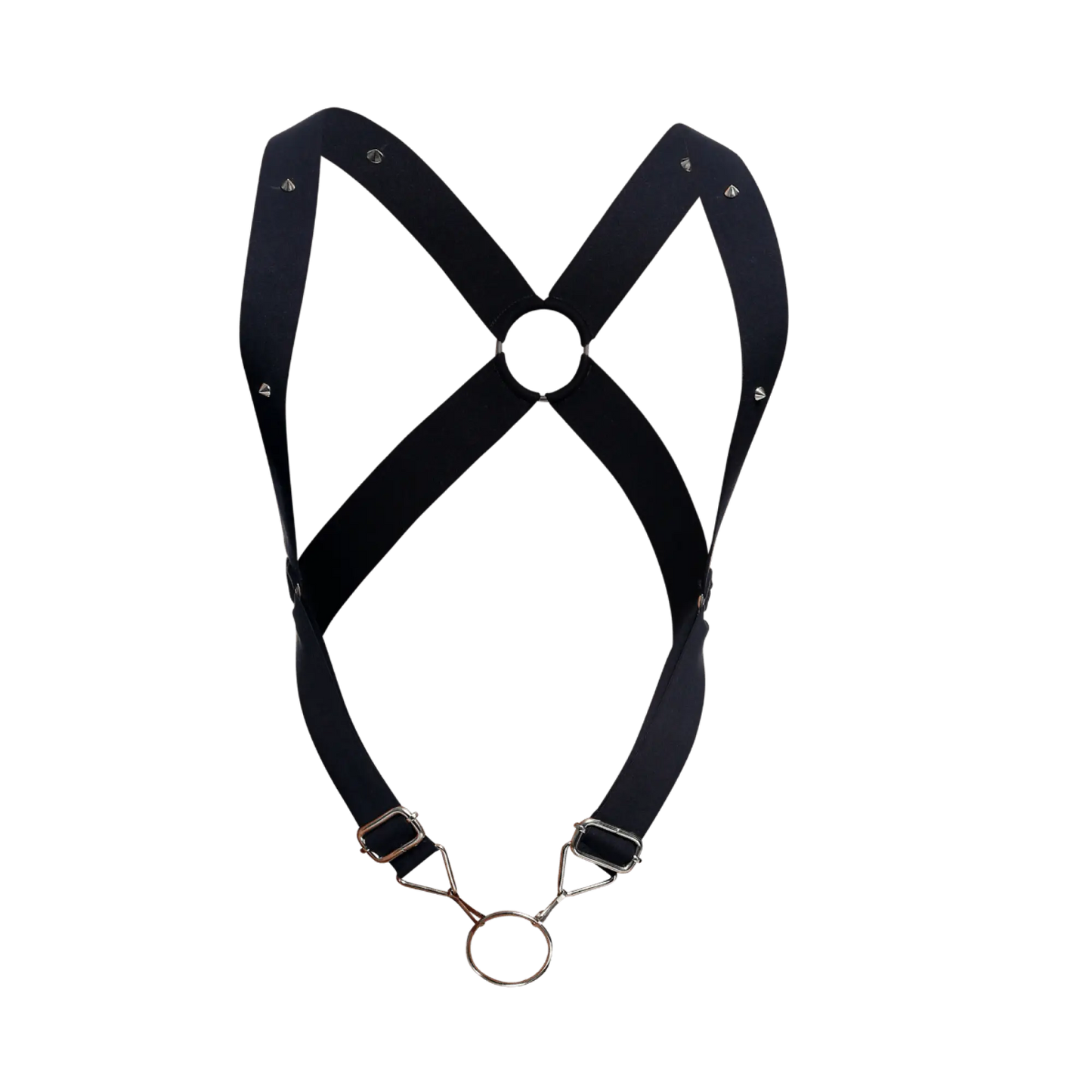 Black leather DNGEON crossback harness with silver metal hardware and studs shown from the back side