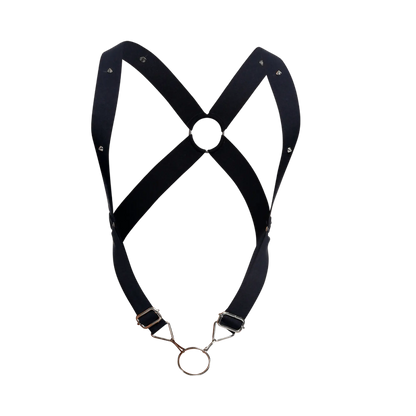 Black leather DNGEON crossback harness with silver metal hardware and studs shown from the back side