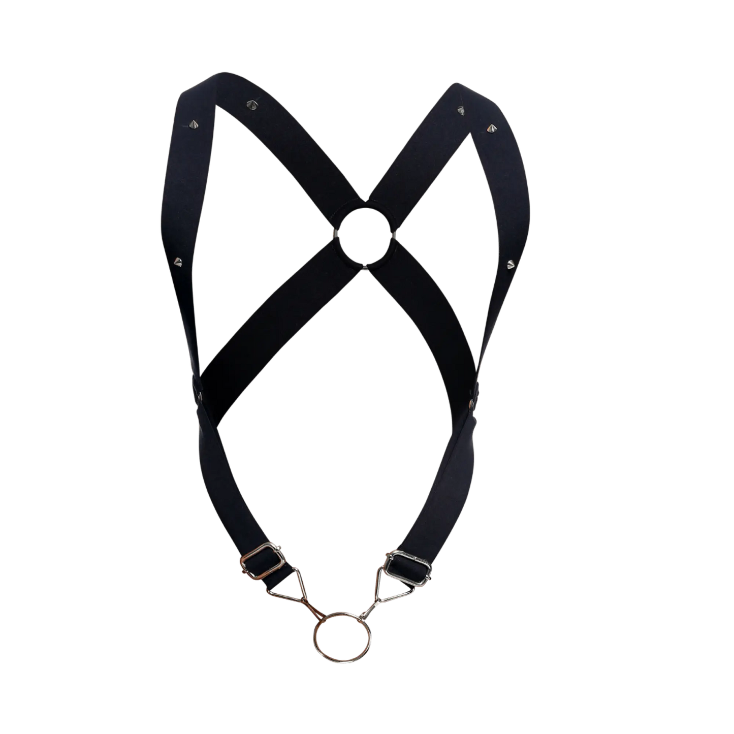 Black leather crossback harness by dngeon with silver toned metal hardware and central ring detail